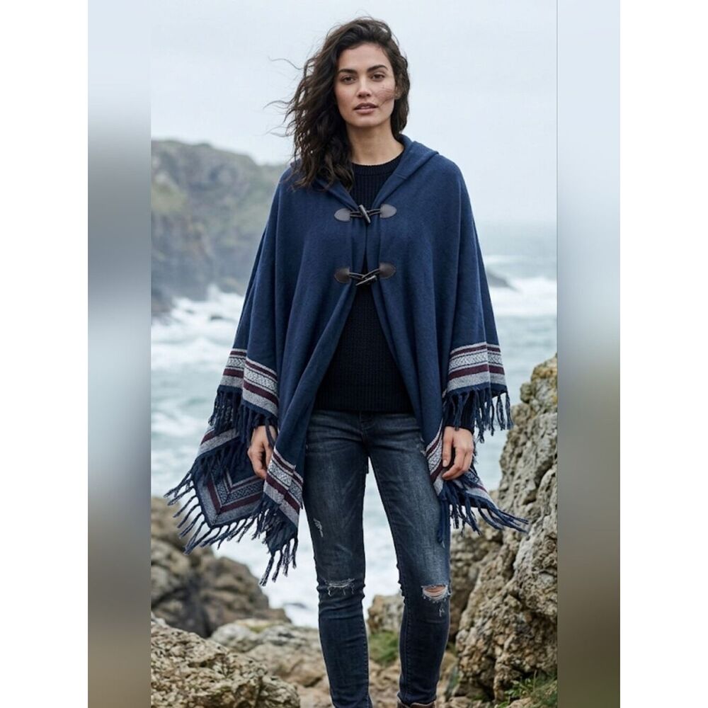 Poncho Wrap Hooded Navy One Size Fringe
